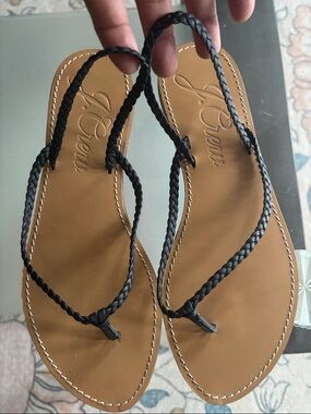 J. Crew Black Braided-Strap Tan Footbed Sandals